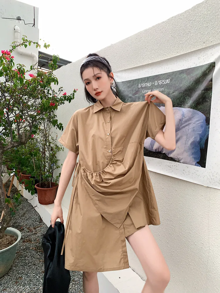 

SuperAen Лето 2022 Новый Дизайн Ретро свободные однотонные с отложным воротником Асимметричные женские рубашки с завязками