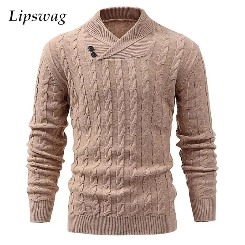 

Jumper Tops Men Knitted Long Sleeve Fall Sweaters Vintage Irregular Lapel Button Deign Mens Sweater Casual Pure Color Knit Shirt