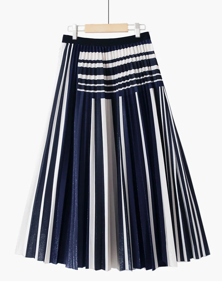 

TIGENA Vintage Striped Midi Long Skirt for Women 2021 Autumn Casual Elegant A Line High Waist Pleated Mid-length Skirt Female