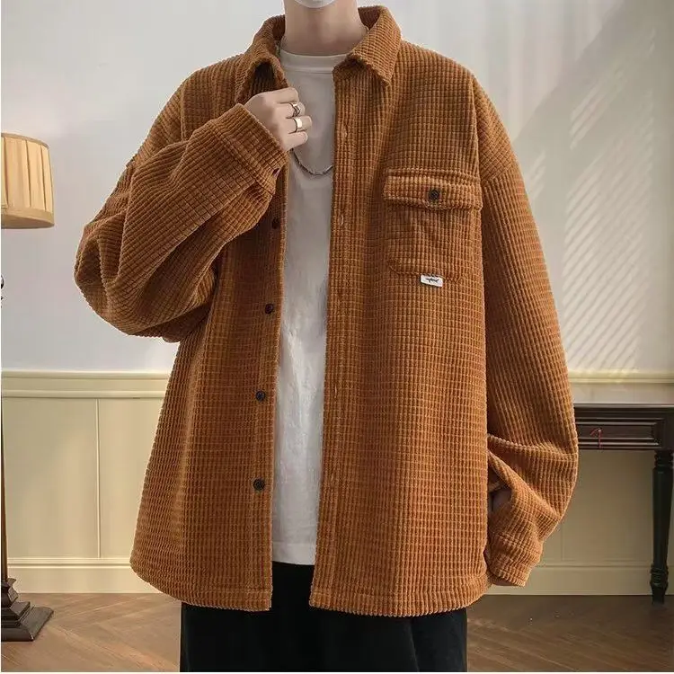 Spring Autumn Fashion Men's Solid Casual T-Shirt Loose Cool Boy Soft Versatile Tops Students Buttons Coat Pocket Corduroy Jacket