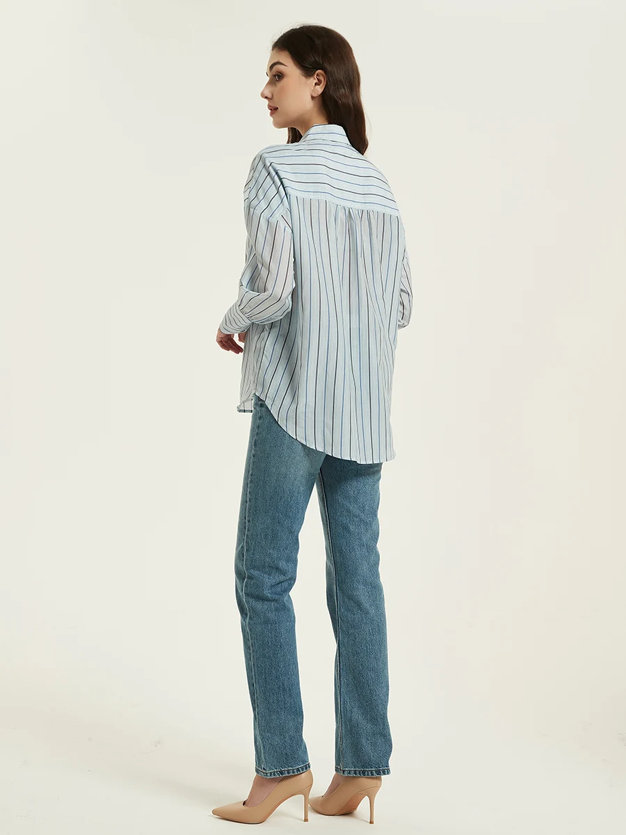 SuyaDream Women Striped Shirts Drop Sleeves Loose Chic Blouses 30%Silk 70%Cotton 2023 Spring Summer Printed Top Light Blue enlarge