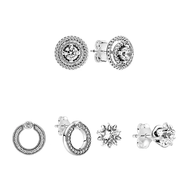 Silver 925 Original Ear Piercing Stud Earrings For Women Jewelry Fan Snowflake Wishbone Heart Flower Rose Petal Halo Circle Star