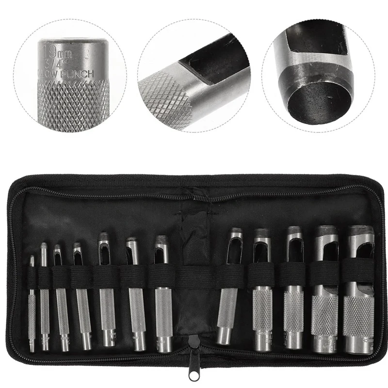 Набор стальных полых кожаных дыроколов из 12 шт. 1/8-3/48 дюймов (3-19 мм) сверхпрочный