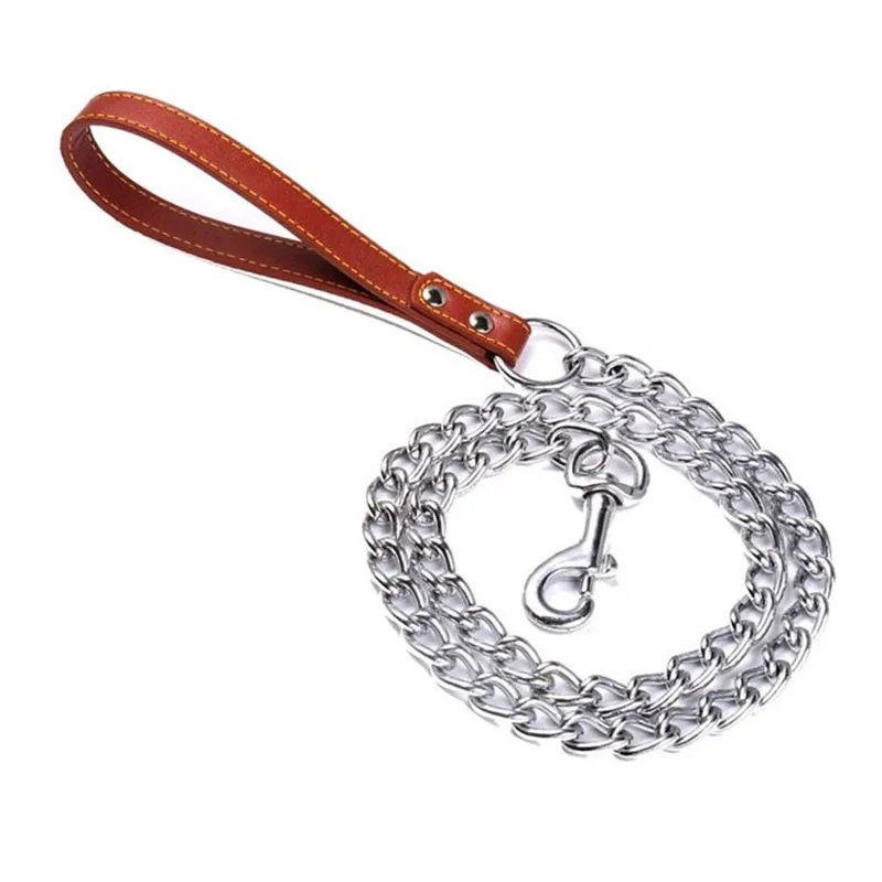 

Chain Dog Leash Metal Chew Proof 120CM Heavy Duty Pet Chain Walking Leash with Leather Padded Handle for Large Medium Small Dogs