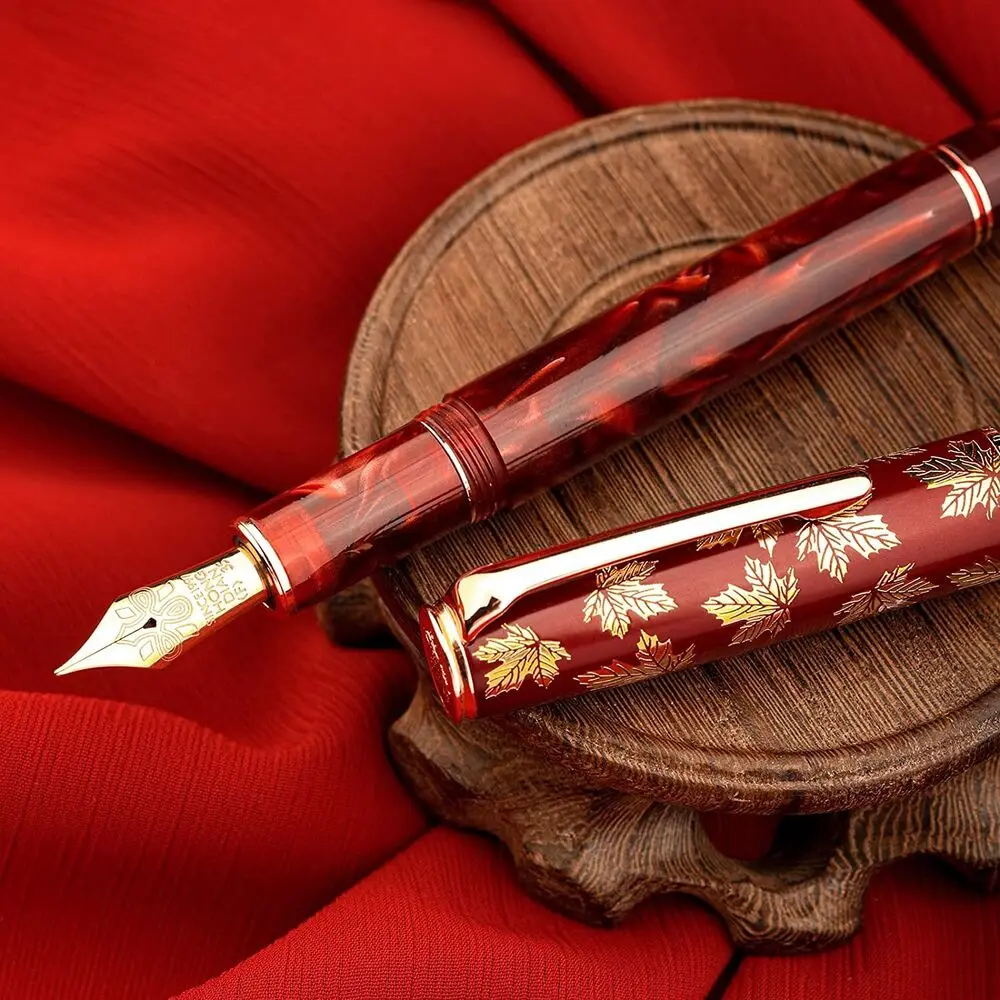 Hongdian N8 Fountain Pen Red Acrylic Resin Maple Leaf Carving Cap EF/F Nib Trim Smooth office Writing gifts pens with Converter