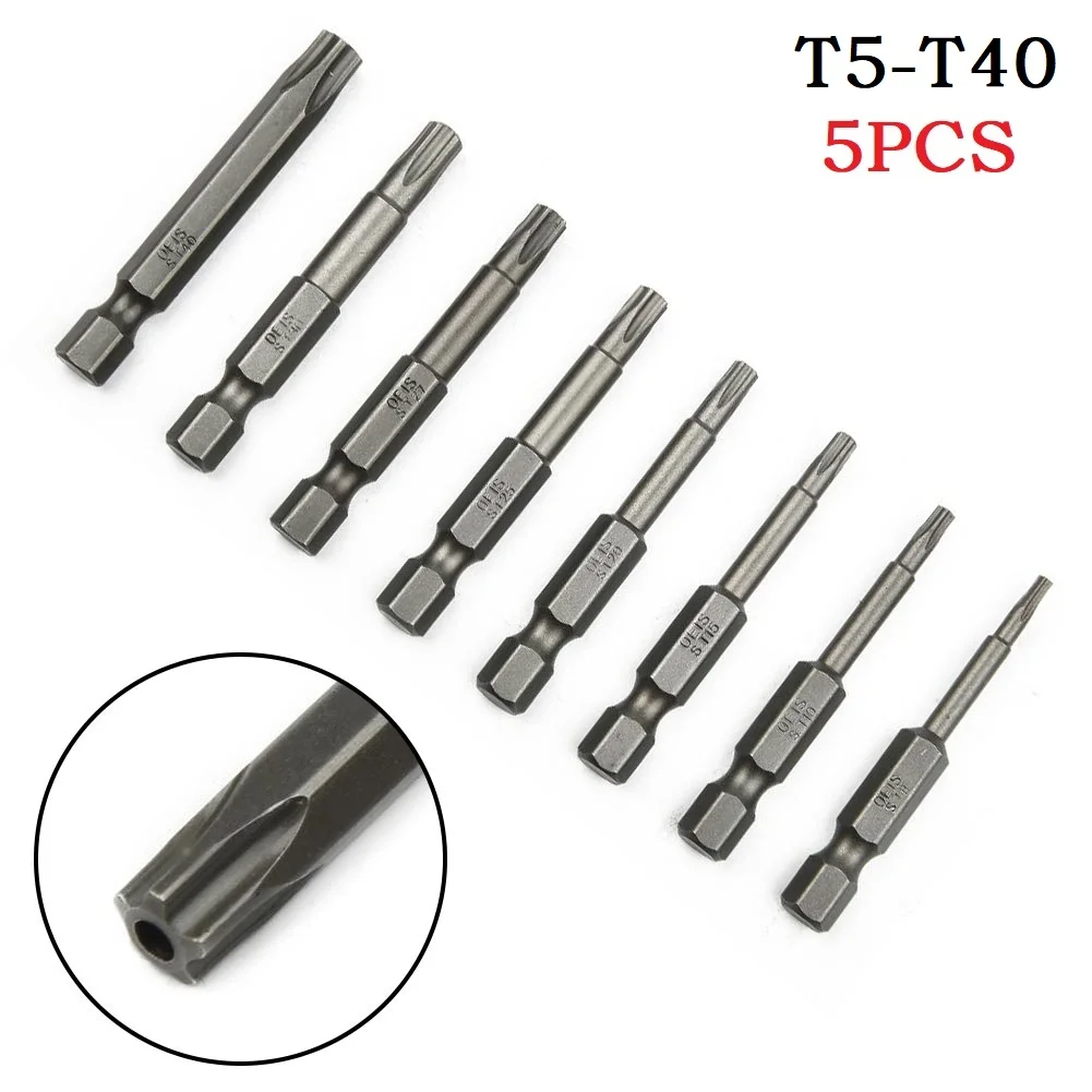 

5PCS 50mm 1/4inch Hex Shank Screwdriver Bits Security Quick Release Bit Set Five-Point Magnetic Torx Screwdriver Bits T8-T40