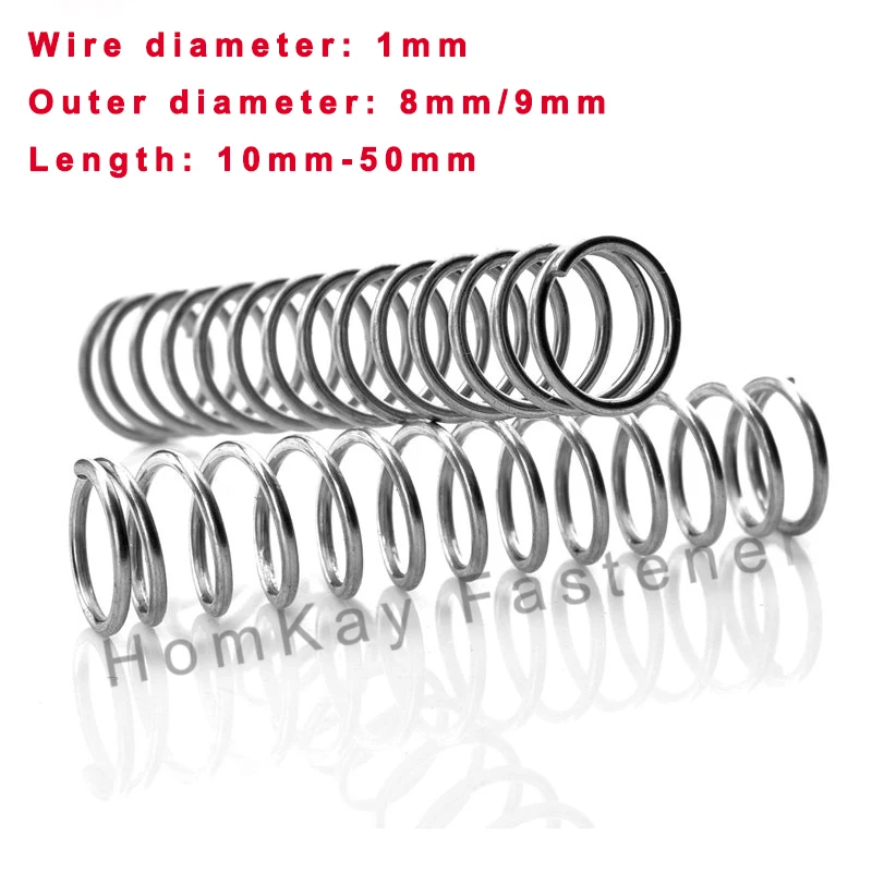 

10/20/30 Pcs 304 Stainless Steel Compression Spring WD 1mm*OD 8mm/9mm*Length 10mm-50mm Release Pressure Spring
