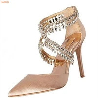 crystal bling bling sandals front cross tied pointed toe cover heel shoes women stiletto heel wedding large size sandals