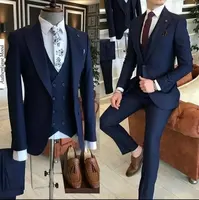 Navy Blue Formal Suits Men For Wedding Slim Fit Elegant Evening Party Dress Custom Made Jacket+Vest+Pants 3 Pieces Business Suit
