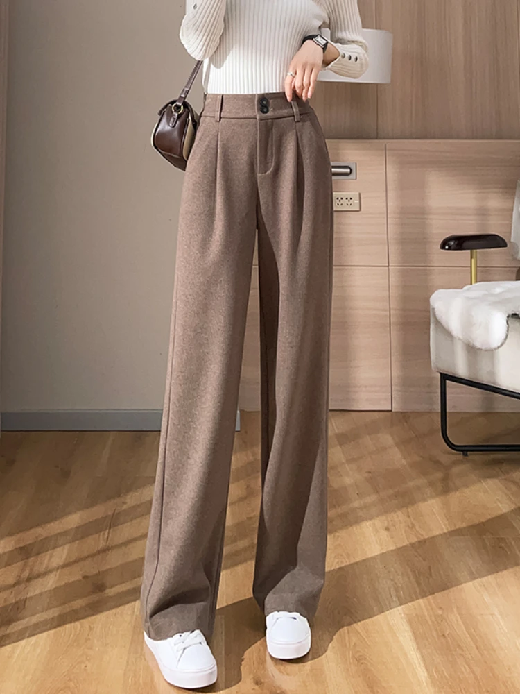 JMPRS Woolen Wide-leg Pants Women Fall Winter 2022 New Elastic High-waisted Trousers Female Vintage Thick Slim Fit Straight Pant