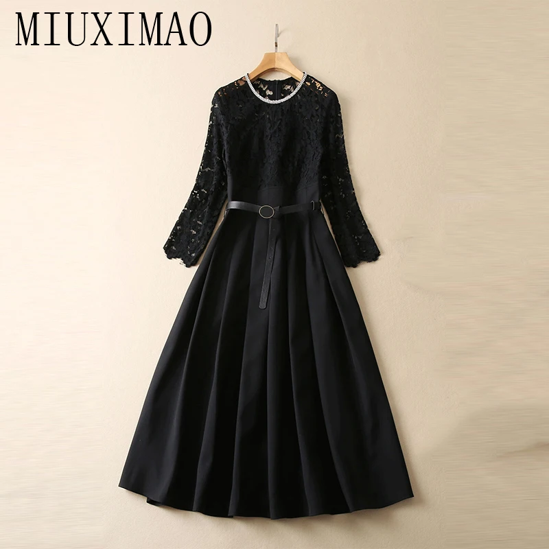 MIUXIMAO 2023 Spring&Summer Elegant Dress Long Sleeve Diamonds V-Neck Solid Belt Fashion Lace Long Dress Women Vestide