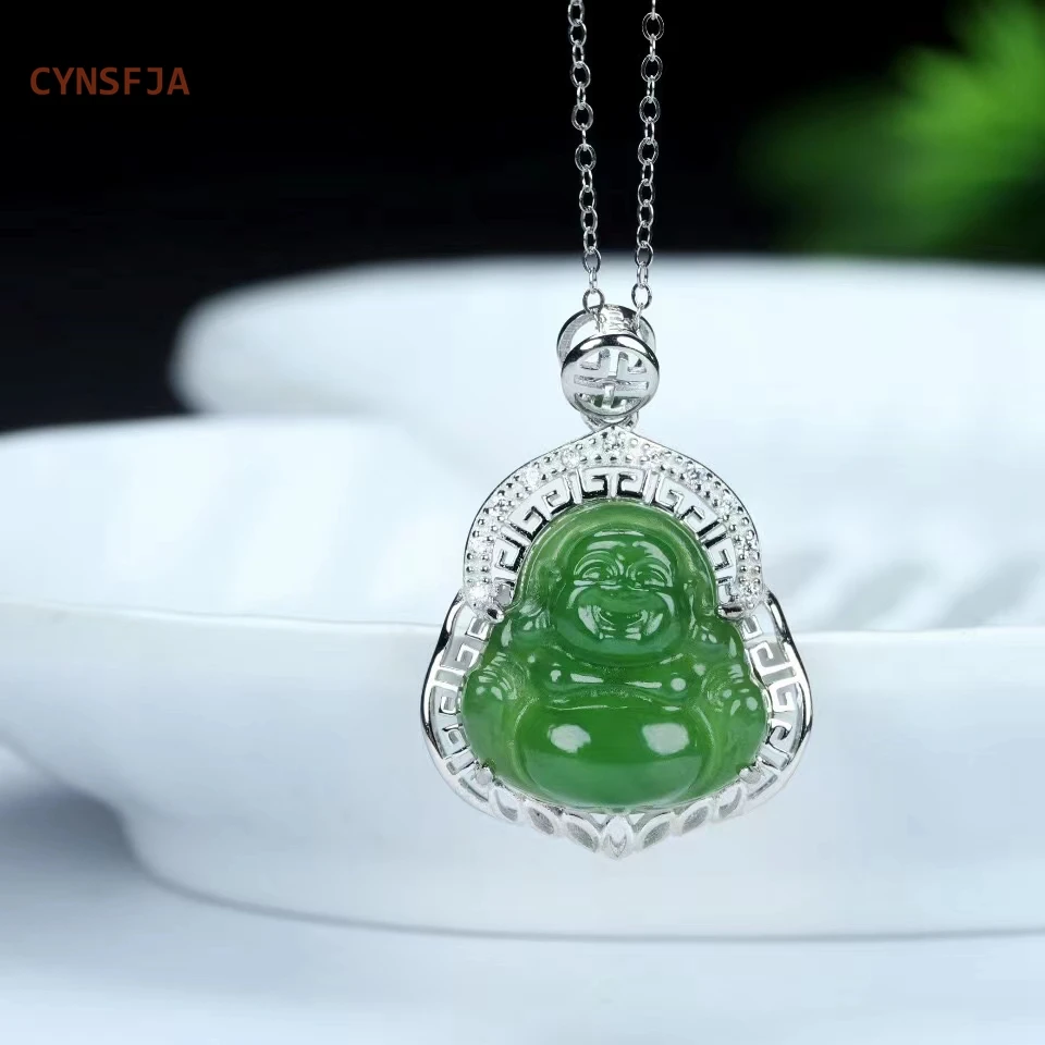 

CYNSFJA New Real Certified Natural Hetian Jasper Nephrite Amulets Buddha Green Jade Hand-Carved Best Gifts Without Necklace