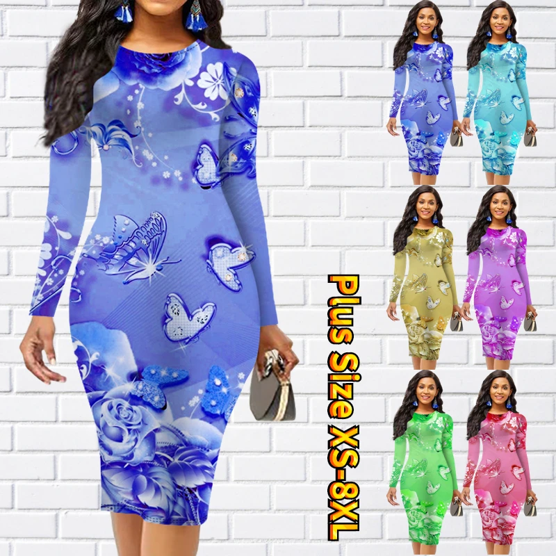 

Autumn New Design Printed Long Sleeve Skirt Elegant Knee Length Skirt Sexy Tight Skirt Slim Skirt Women Round Neck MIDI Skirt