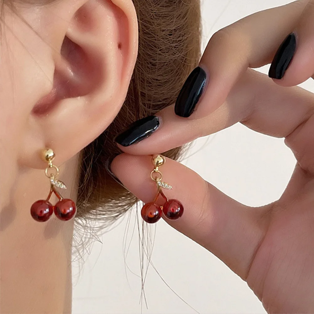 

New Sweet Summer Red Transparent Cherry Fruit Fashion Long Ear Studs Earrings Fashion Glass Earring For Women Party Jewelry 2023