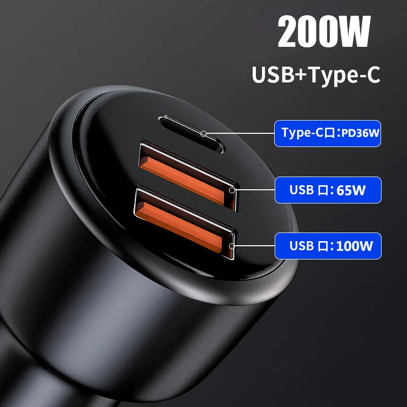 

200W USB PD 36W Car Charger 3port Super Fast Charger2.0 100W 65W SuperCharge QC3.0 FCP SCP For Honor Xiaomi Vivo Huawei IPhone