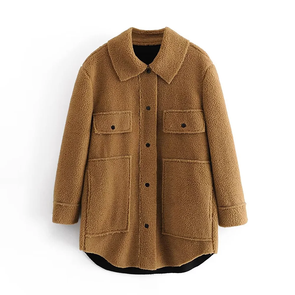 

PB&ZA Woman Clothes Short Jacket Solid Color Autumn and Winter Loose Warm Coat Teddy Fleece Single Breasted Overshirt Female