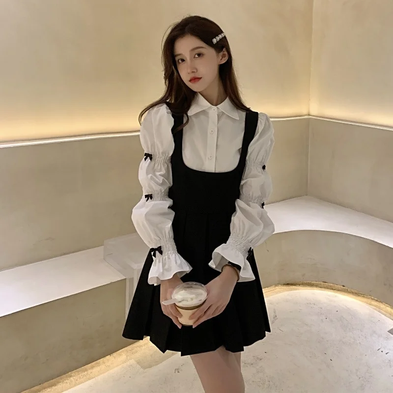 

Women's shirt bowknot design loose French long-sleeved shirt and black suspender dress set 2022 fall new white tops+ short dress