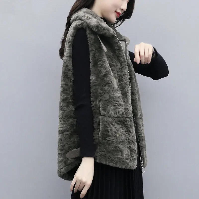 Winter Warm Wool Vests Women Faux Fur Sleeveless Jacket Cardigan Plus Size Zipper Pockets Korean Coats Harajuku Vintage Vest