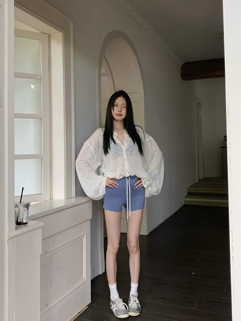 Hong Kong Flavor New Thin Polo Collar Button Knitted Sun Protection Shirt + Gyaru Drawstring Sports Leggings