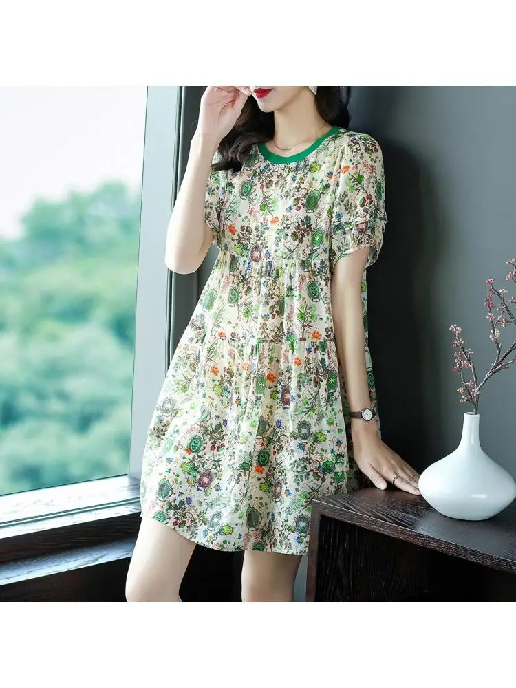 

Summer 2023 Green Floral Printed Fresh O Neck Short Sleeves Loose Crepe De Chine 100% Mulberry Silk Shell Dress Women's Clothing