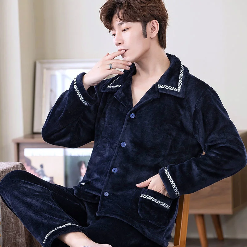 Winter Thick Homewear Men's Flannel Pajamas Sexy Sleepwear Set Man Stripe Soft Pajama Set Button Full Sleeve Shirt Pant 2PCS/Set