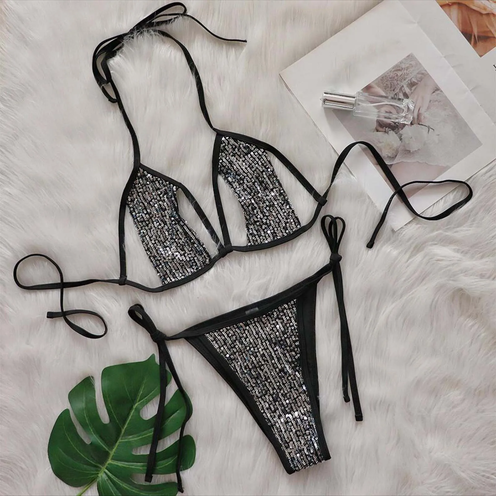 Женское бикини с низкой талией в пляжном стиле блестками и топ высокой комплект