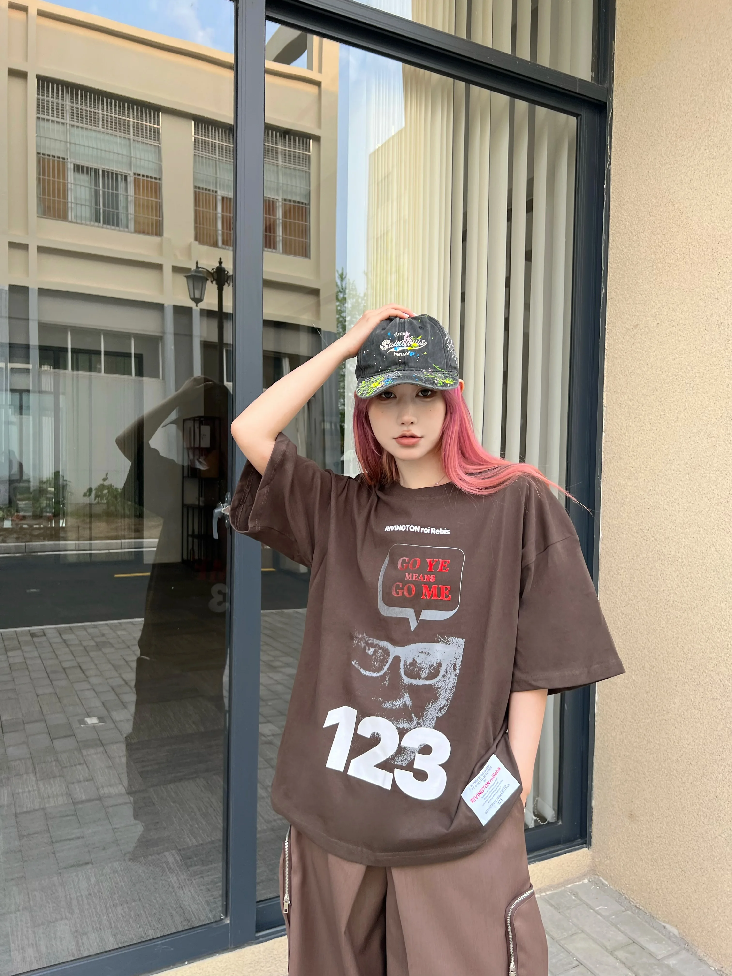 

Футболки RRR123 с коричневыми цифрами и надписью, с коротким рукавом, Свободные повседневные парные футболки в стиле High Street из чистого хлопка с открытыми плечами