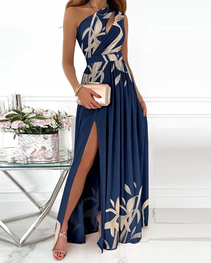 

Summer Elegant One Shoulder Floral Print Dress High Slit Cutout Maxi Party Asymmetric Women Long Wedding Evening Sexy Midi Robes