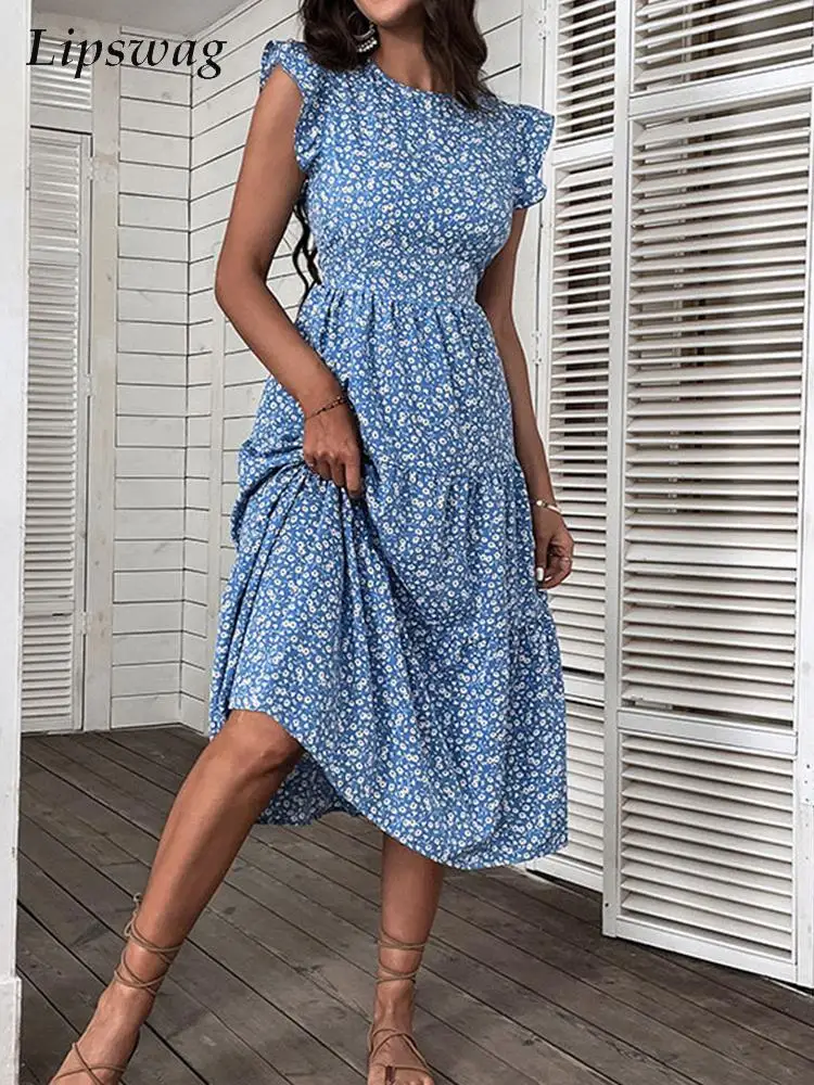 

Women O Neck Slim Waist Party Dresses Fashion Elegant Flying Sleeve Boho Long Dress Summer Office Lady Floral Beach Ruffle Dress