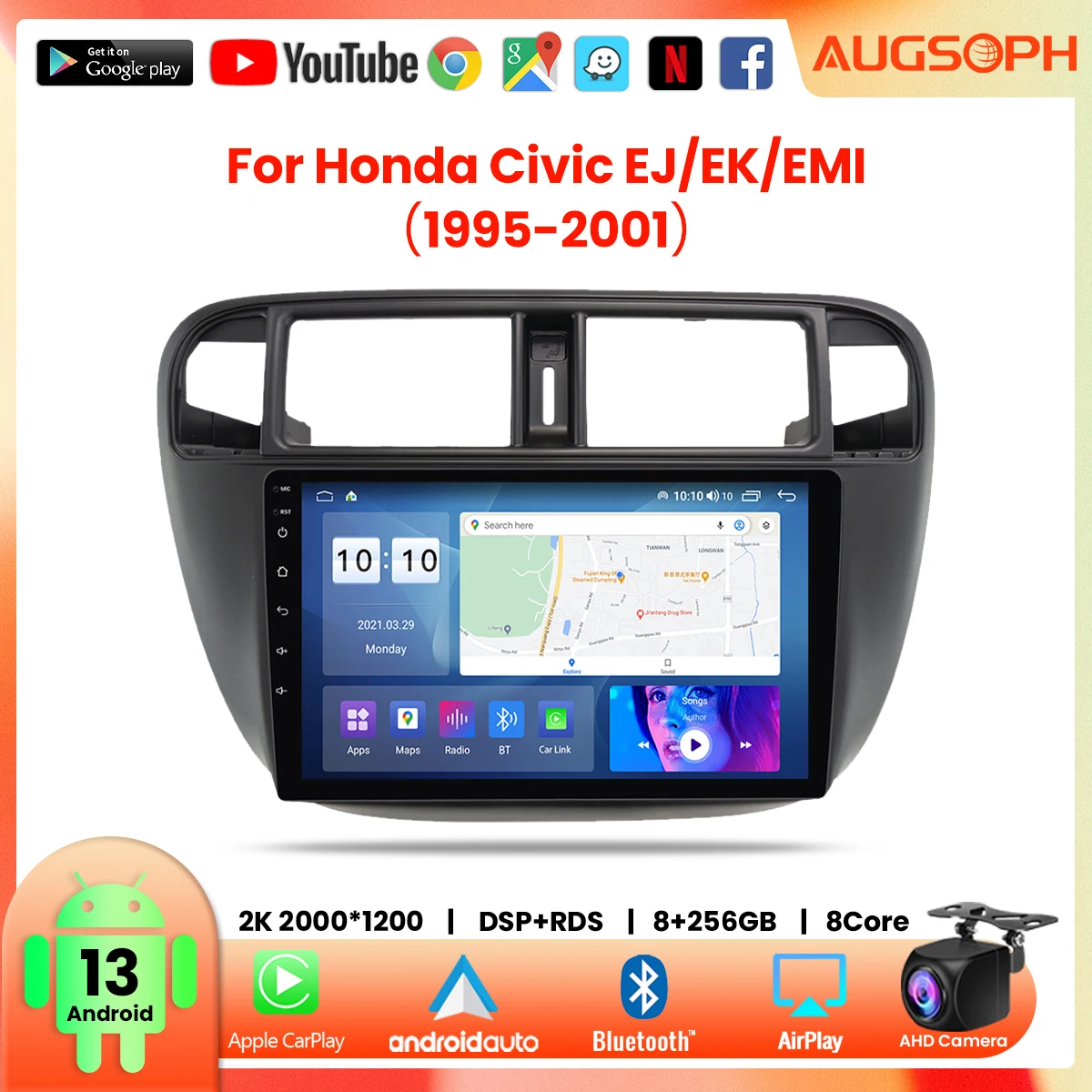 

Автомобильный радиоприемник Android 13 для Honda CIVIC EJ EK EM 1995-2001, 9 дюймов 2K мультимедийный плеер с 4G Carplay DSP и 2Din GPS