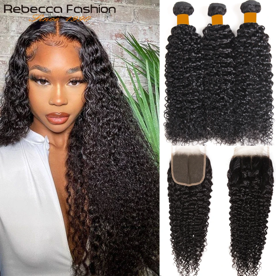 Rebecca Kinky Curly Bundles With Closure Human Hair 3 Bundles With Closure Brazilian Curly Hair Bundles With Frontals