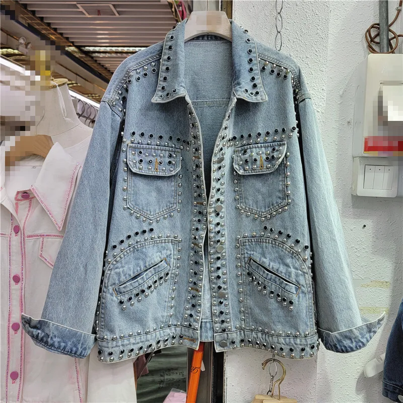 

2022 Autumn New Heavy Rivet Fashion Jeans Jacket Lady All-Match Loose Wash Denim Coat for Women Streetwear Jean Coats Chaqueta