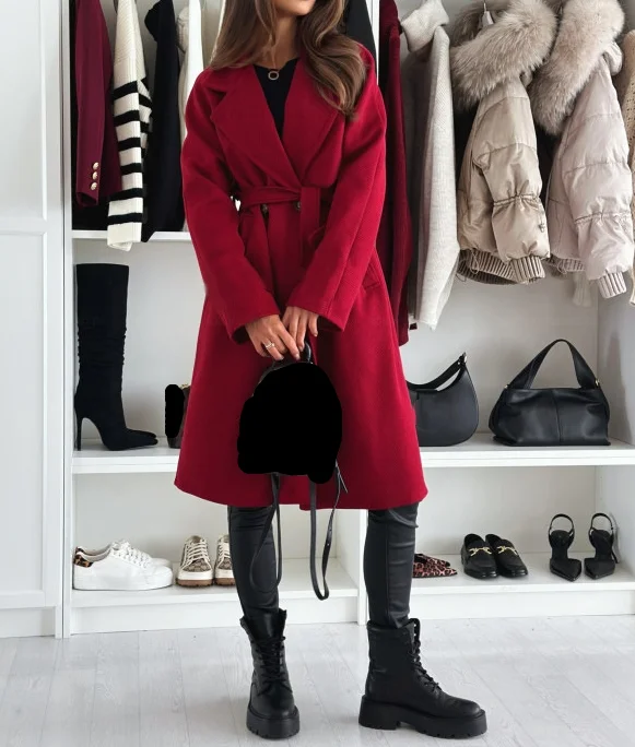 Женское пальто зимнее модное повседневное Однотонное шерстяное с отложным