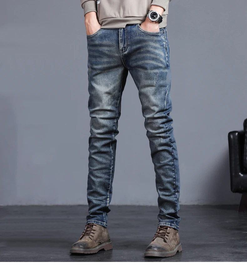 

2023 New Spring Summer Men's Jeans Vintage Blue Solid Color Elastic Classic Jeans Men Slim Fashion Denim Trousers Male