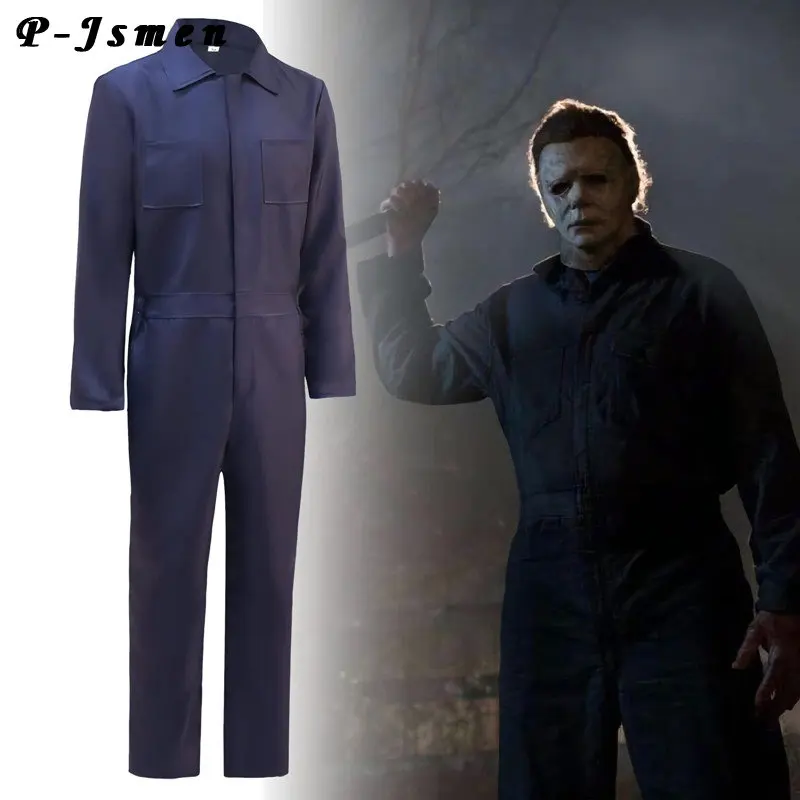 P-jsmen-Disfraz de Michael Myers para adultos, ropa de trabajo azul de alta calidad, Cosplay, Halloween