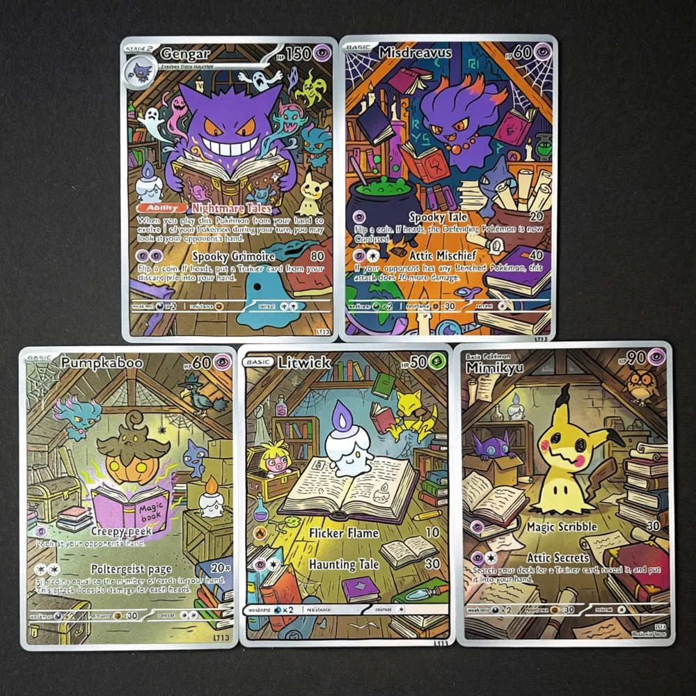 Фото 5 шт. голографических карт в стиле PTCG Pokemon: Gengar, Misdreavus, Pumpkaboo, Litwick, Mimikyu, подарочные карточки Pokemon, коллекционные флеш-карты Pokemon. №1