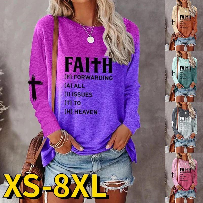 

2022 New Autumn Winter Women's Gradual Tee Shirt Monogram Print Top Daily Pullover Loose Size Long Sleeve Elegant Tee Shirt