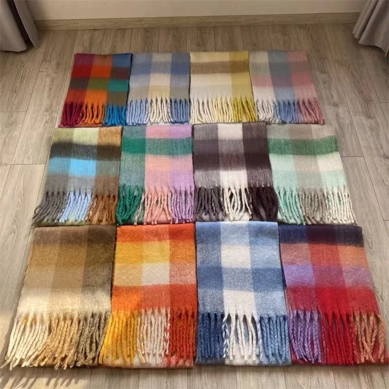 

New Women Plaid Scarf Winter Pashmina Shawls Cashmere Thick Wraps Lady Tassel Warm Scarves Rainbow Hairy Bufanda Free shipping