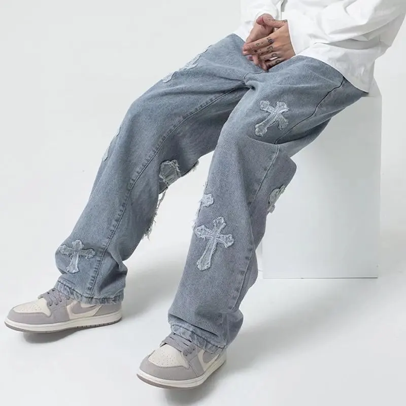 Men's High Street Loose Jeans Trousers Hip-hop Retro Style Embroidered Cross Loose Wide Leg Pants Boyfriend Jeans Oversized