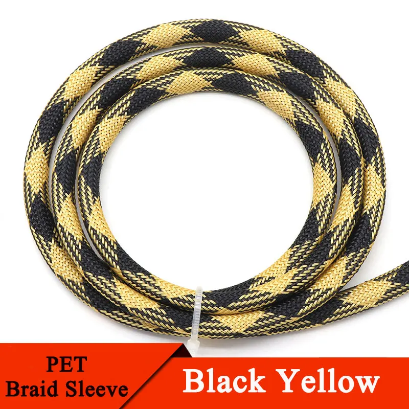 

1/5/10M Black Yellow PET Braided Sleeve 2 4 6 8 10 12 14 16 mm High Density Insulated Cable Protection Expandable Sheath