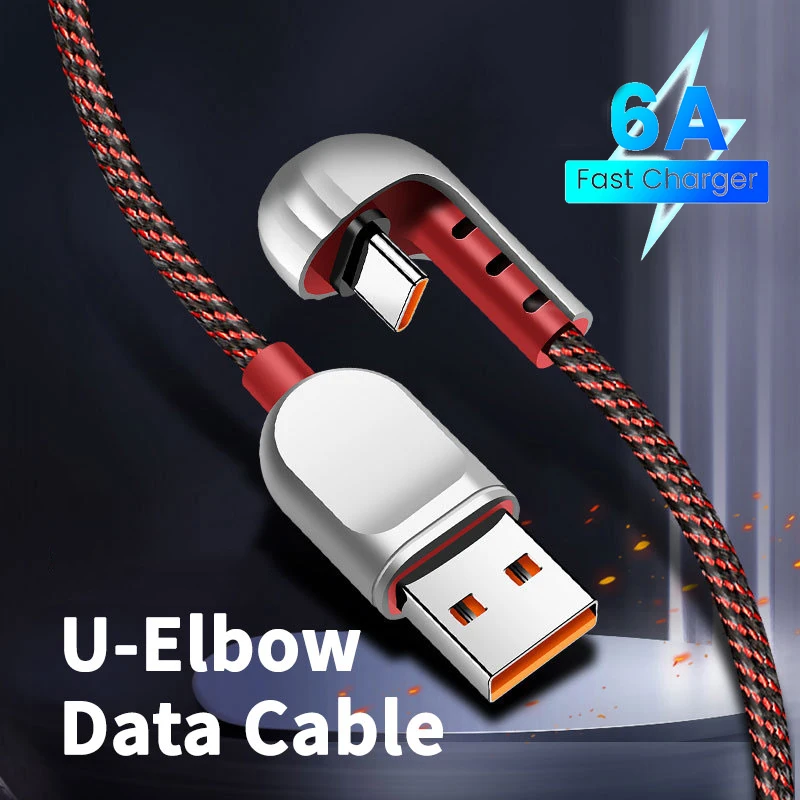 

6A 66W U-Shape Type C Fast Charge Game Data Cable for Huawei P50 P40 Pro Samsung Xiaomi Nylon Phone Charger Line for iPhone 14