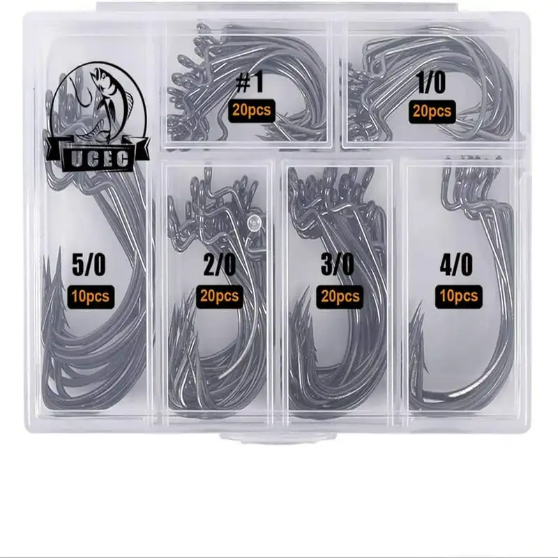 

Hooks, 2X Strong Worm Hooks Senko Bait Jig Fish Hooks for Bass Trout Saltwater Freshwater 100pcs/box Offset Wide Gap, Size #1 1/