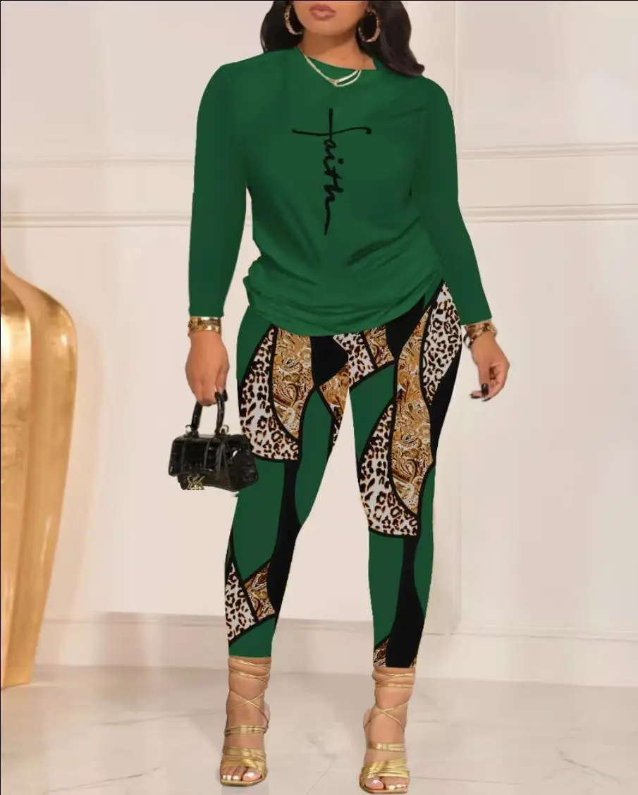 

2023 Autumn Prints Tracksuit Two Piece Set Women Fashion Casual Round Neck Long Sleeve Pullover Top and Slim Pants Set Outfits