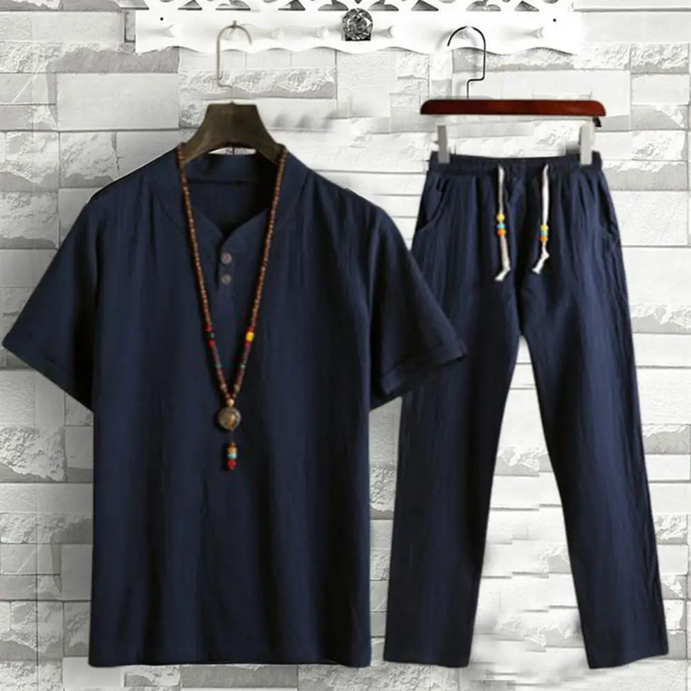 

1 Set Popular Men Outfit Pockets Elastic Waists Summer Relaxed Fit Buttons Neckline Top Pants