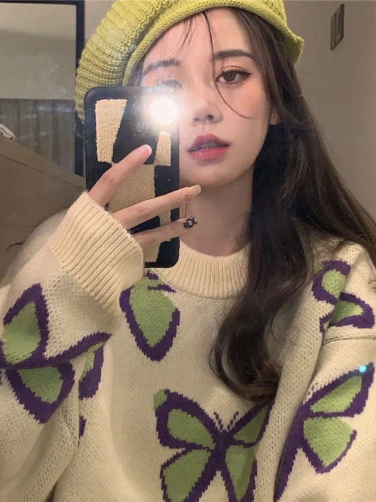 

Womens Pullover Round Neck Knitted Sweater Harajuku Butterfly Casual Top Loose Jumper Woman Fall Winter Sueter Mujer