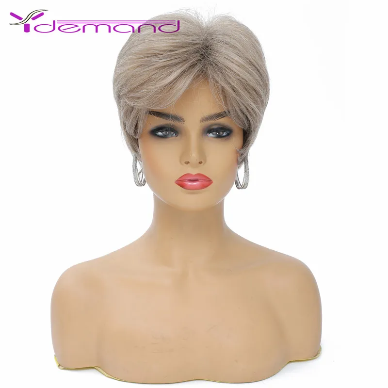Y Demand 5.5 Inch Short Pixie Cut Wig Ombre Grey Straight Color Synthetic Hair Wigs Fashion Style For White Women Cosplay Wigs