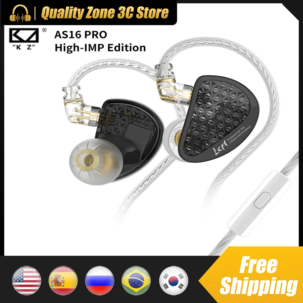 

KZ AS16 Pro Wired Headphones 3.5mm Plug In Ear Earphones Noise Cancelling Pure Moving Iron Headset for HiFi Enthusiast Ergonomic