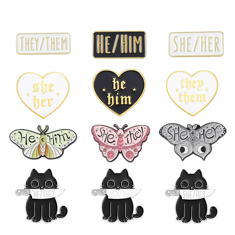 

Custom My Pronouns Enamel Pins Cats Butterfly He Him She Her They Them Brooches Lapel Badges Bag Fashion Jewelry Gifts Wholesale