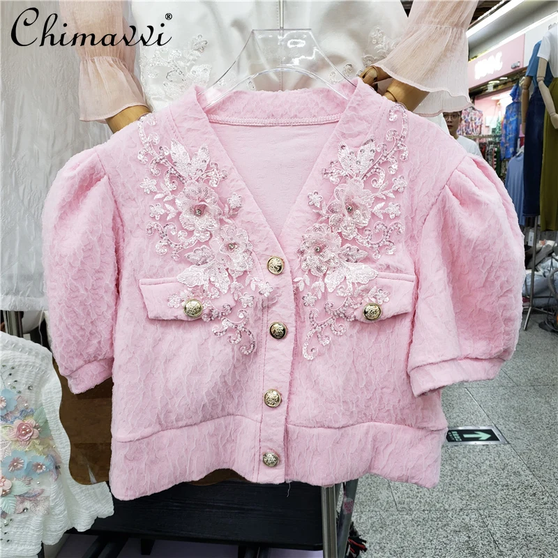 

French 2022 Summer New Ladies Fashion Classic Style V-neck Puff Sleeve Blusas Women's Sweet 3D Flower Short-Sleeved Shirt Top
