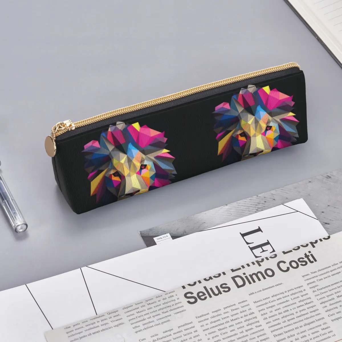 Lion Triangle Pencil Case Colorful Paper-cut Stationery Big Zipper Pencil Box Teenager Cool Leather Pen Pouch images - 6